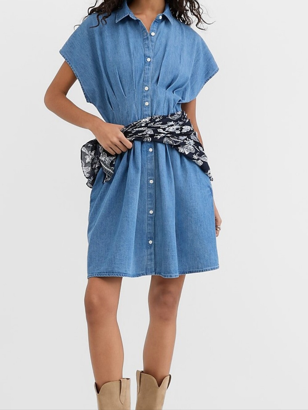 S LOFT Chambray Pleated Mini Pocket Shirtdress